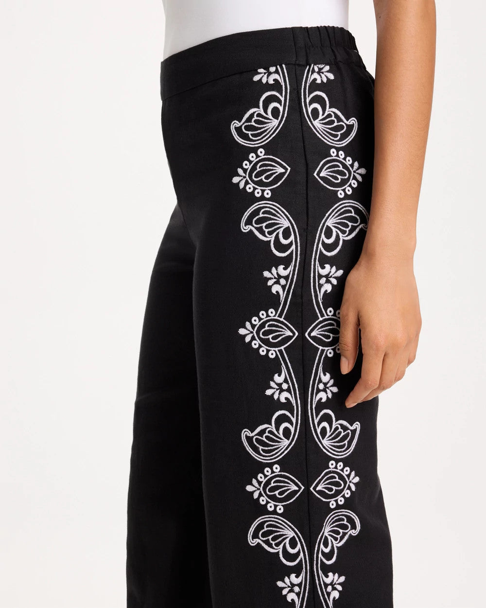 Embroidered Pull-On Wide-Leg Linen Pants Black - Chico's