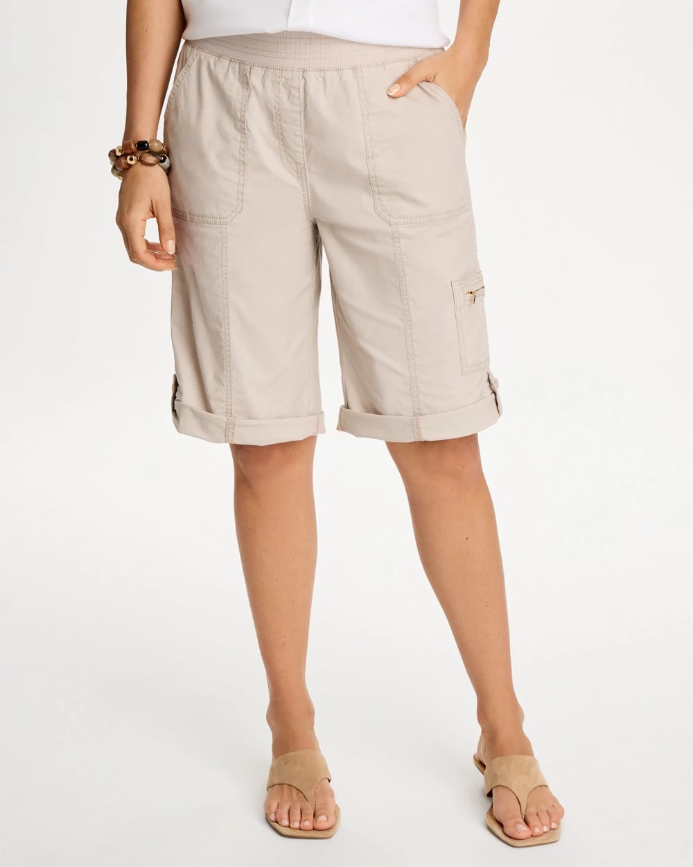 Poplin Cotton Roll-Tab Shorts Smokey Taupe - Chico's