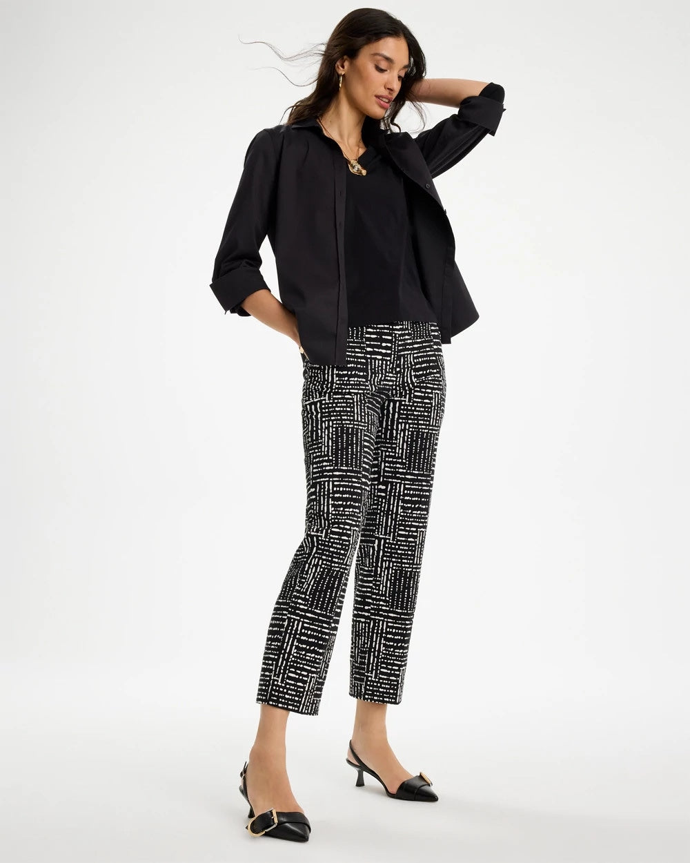 Emme Fly Front Straight Printed Crop Pants Black - Chico's