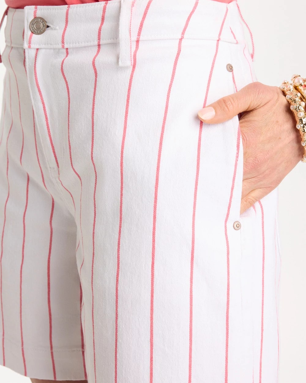 Striped Rivet Denim Trouser Shorts Calypso Coral - Chico's