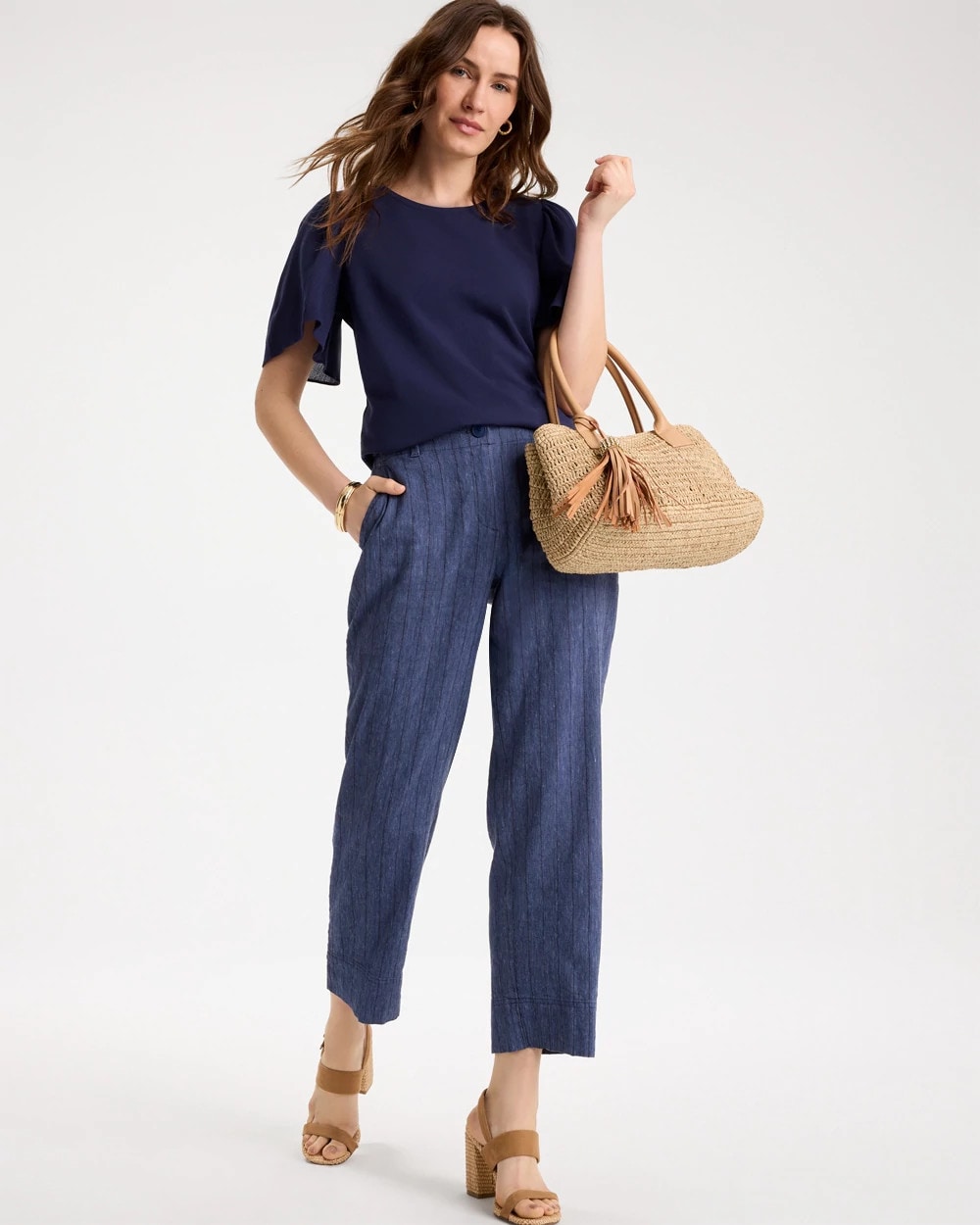 Pinstripe Soft-Stretch Linen Crop Pant Navy - Chico's