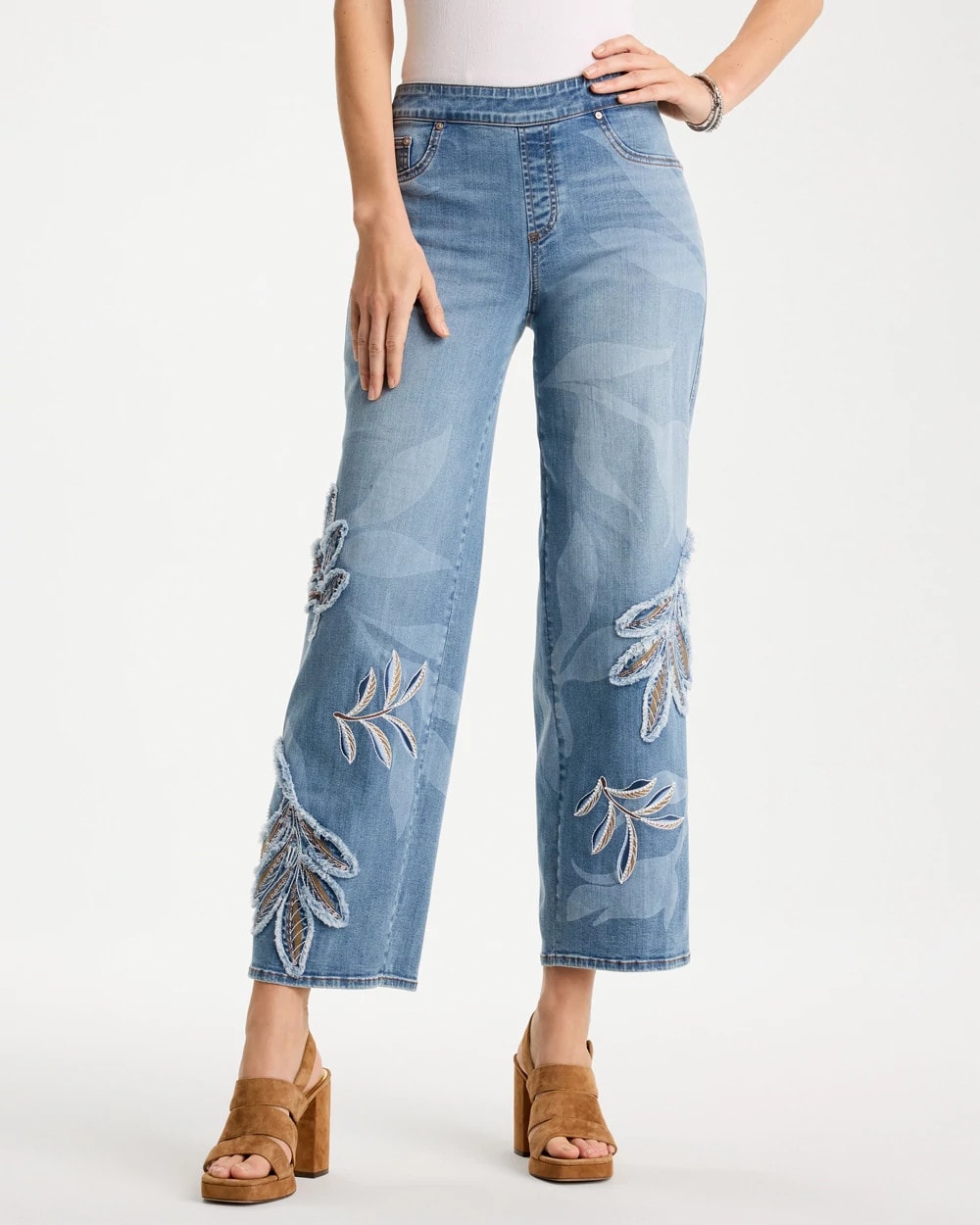 Tropical Embroidery Pull-On Wide Crop Jean Pashmina Indigo - Chico's