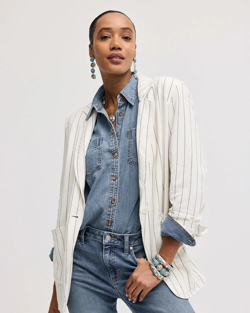 Linen-Blend Striped Boyfriend Blazer Ecru - Chico's