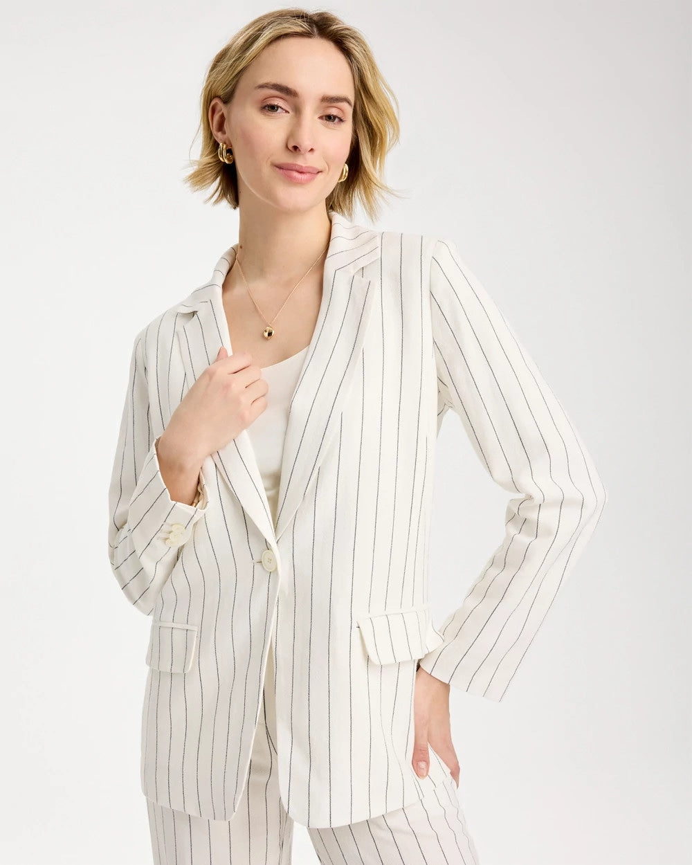 Linen-Blend Striped Boyfriend Blazer Ecru - Chico's