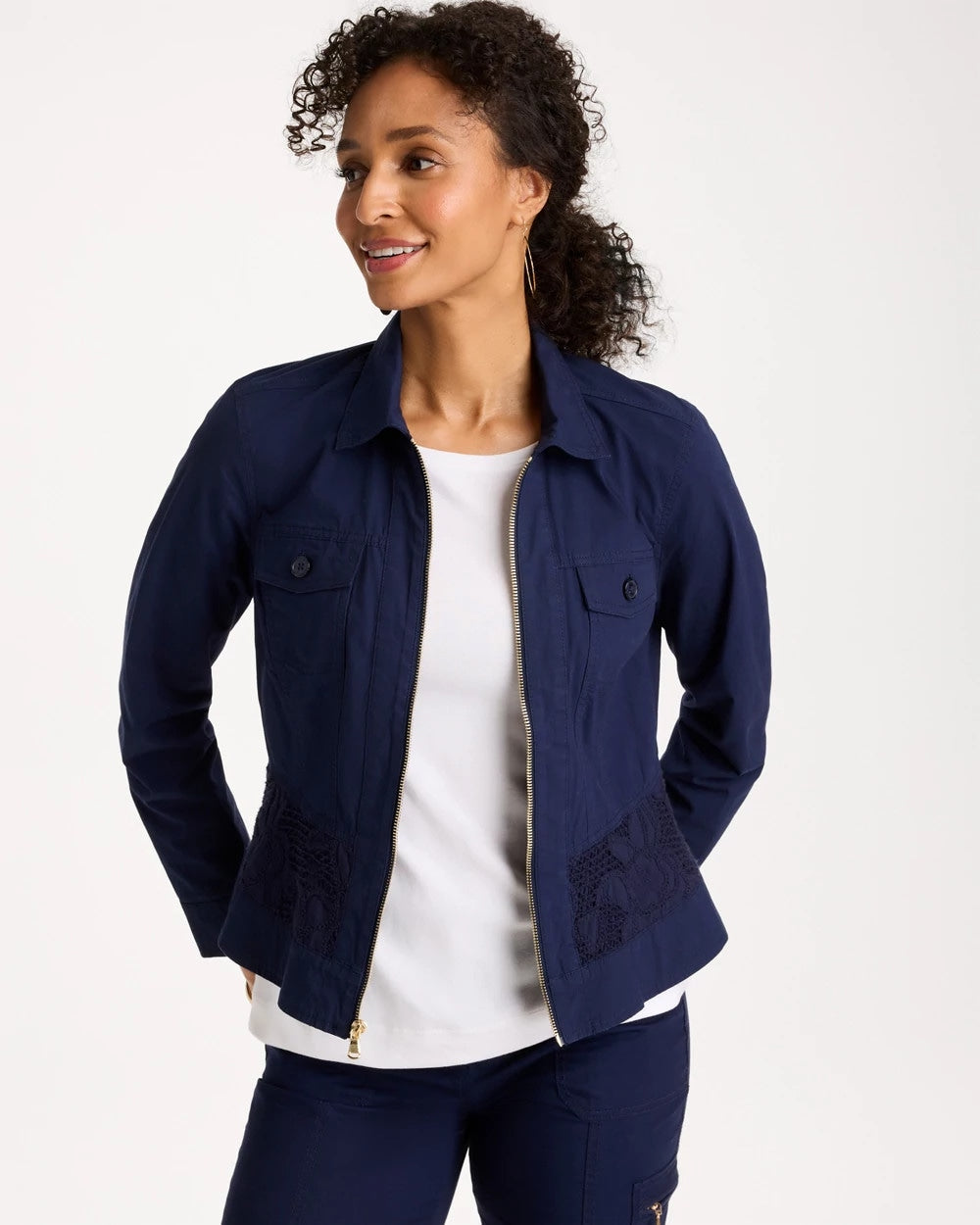 Poplin Cotton Lace Peplum Jacket Passport Blue - Chico's