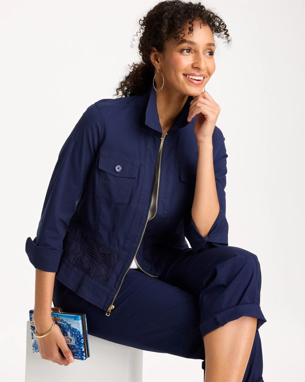 Poplin Cotton Lace Peplum Jacket Passport Blue - Chico's