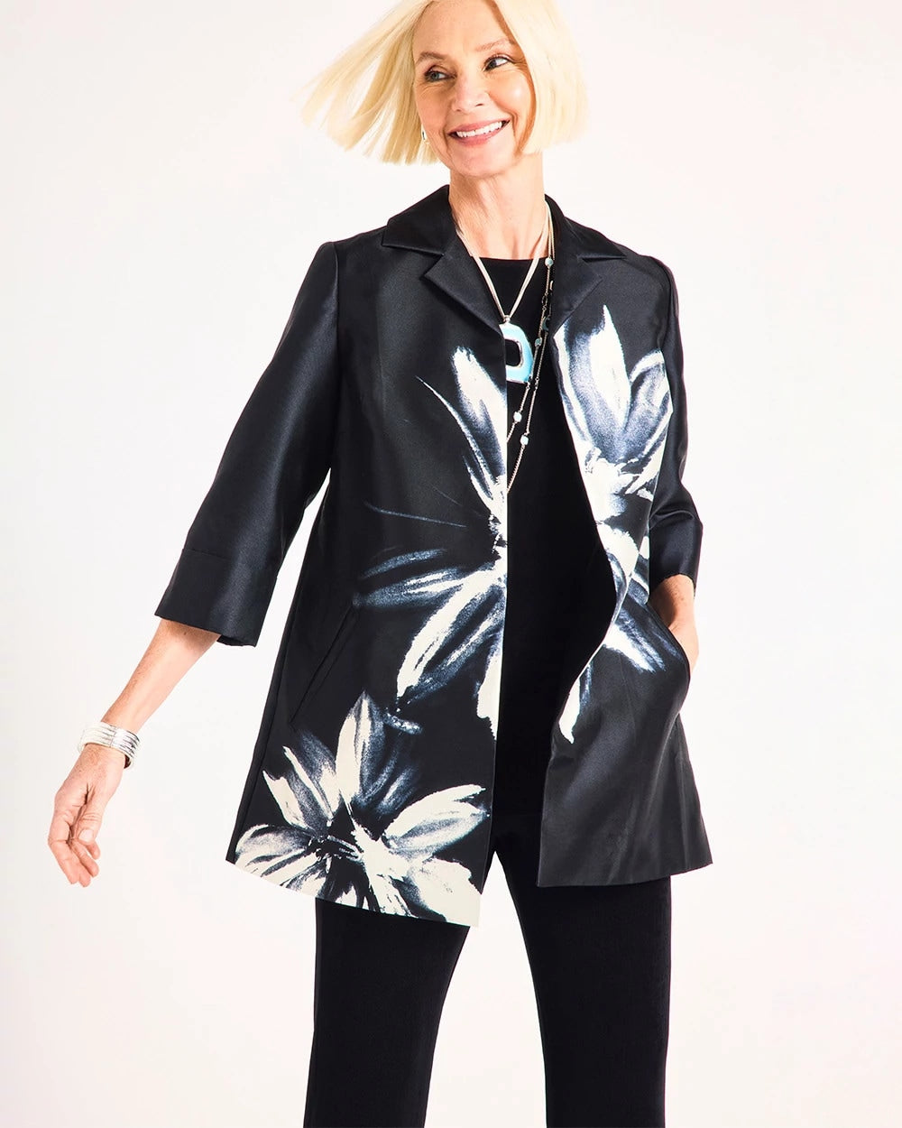 Travelers™ Collection Floral Long Jacket Travelers Black - Chico's
