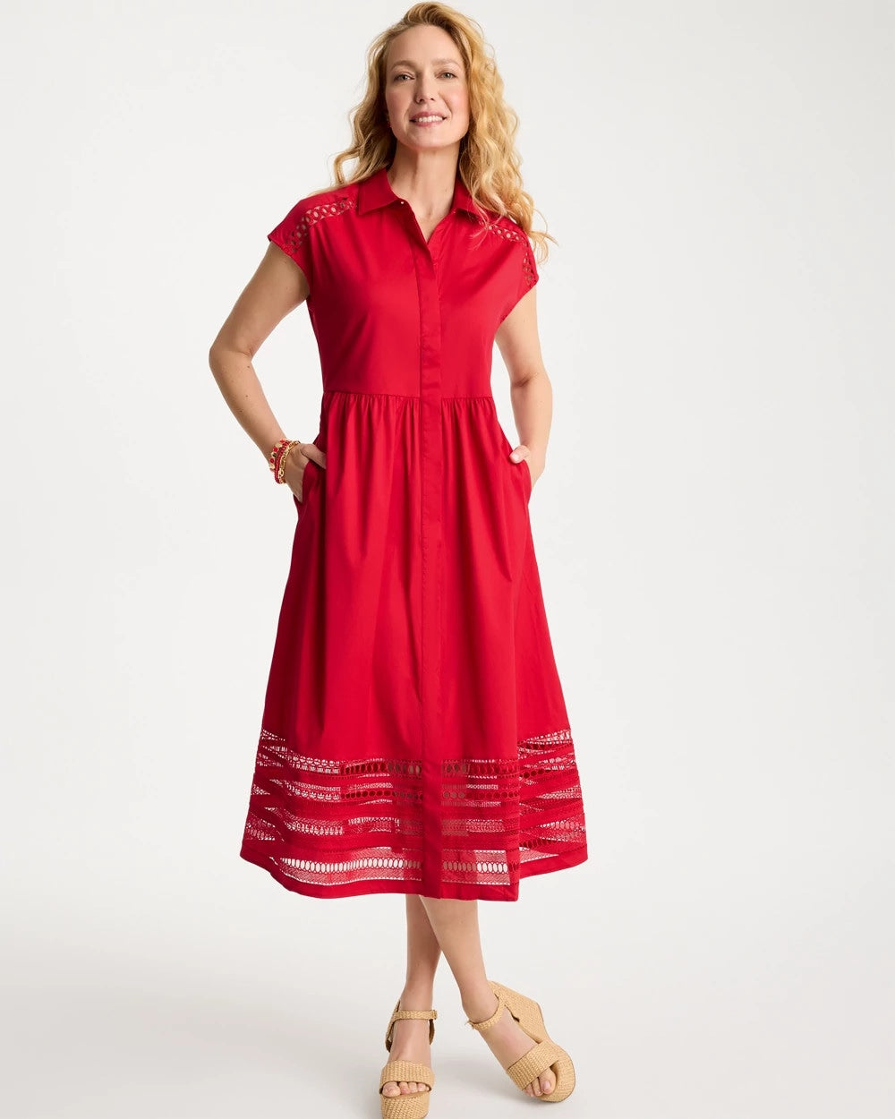 Lace Trim Midi Shirtdress Cherry Lush - Chico's