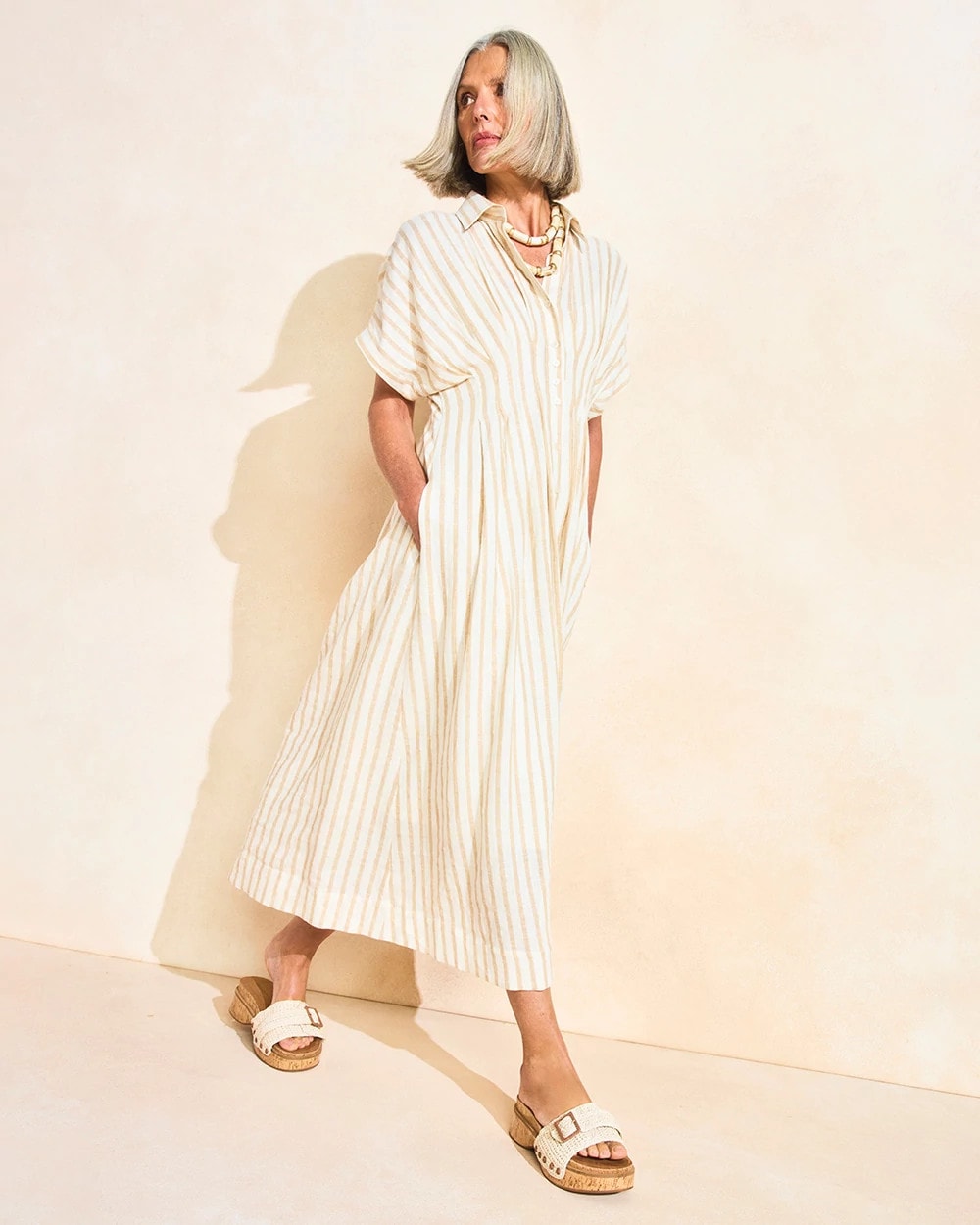 Linen-Blend Metallic Striped Dress Alabaster - Chico's