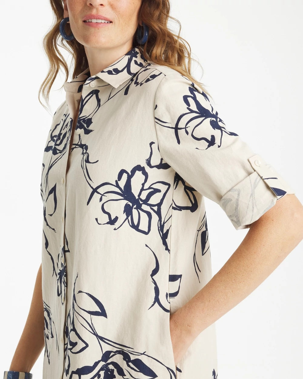 Printed Linen-Cotton Shirtdress Passport Blue - Chico's