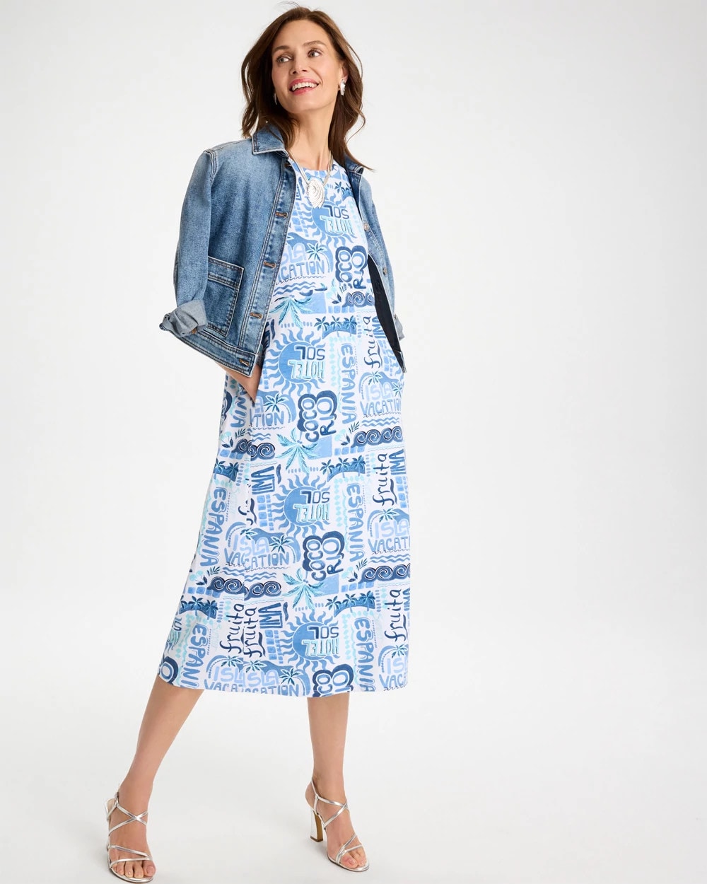 Soft-Stretch Sleeveless Tropical Dress Passport Blue - Chico's