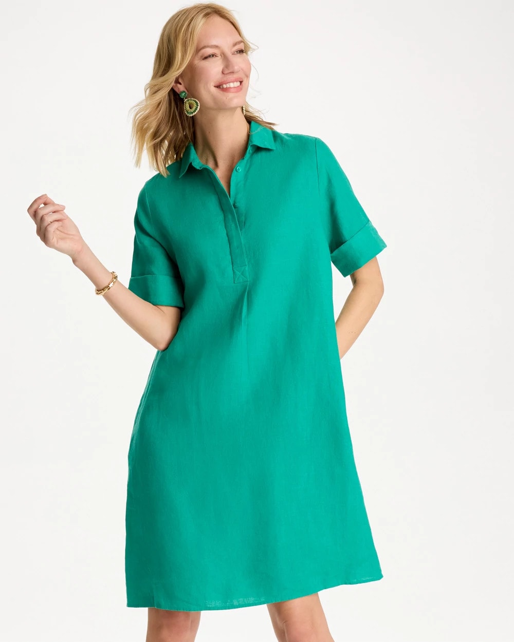 Linen Popover Dress Topanga Green - Chico's