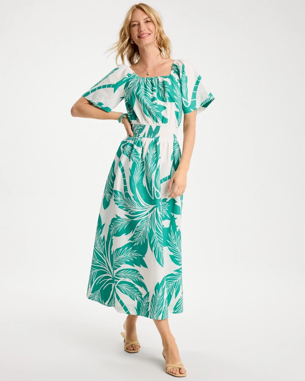 Poplin Cotton Off-Shoulder Printed Dress Topanga Green - Chico's