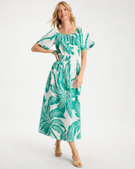 Poplin Cotton Off-Shoulder Printed Dress Topanga Green - Chico's