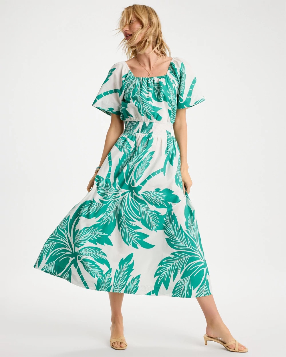 Poplin Cotton Off-Shoulder Printed Dress Topanga Green - Chico's