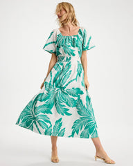 Poplin Cotton Off-Shoulder Printed Dress Topanga Green - Chico's