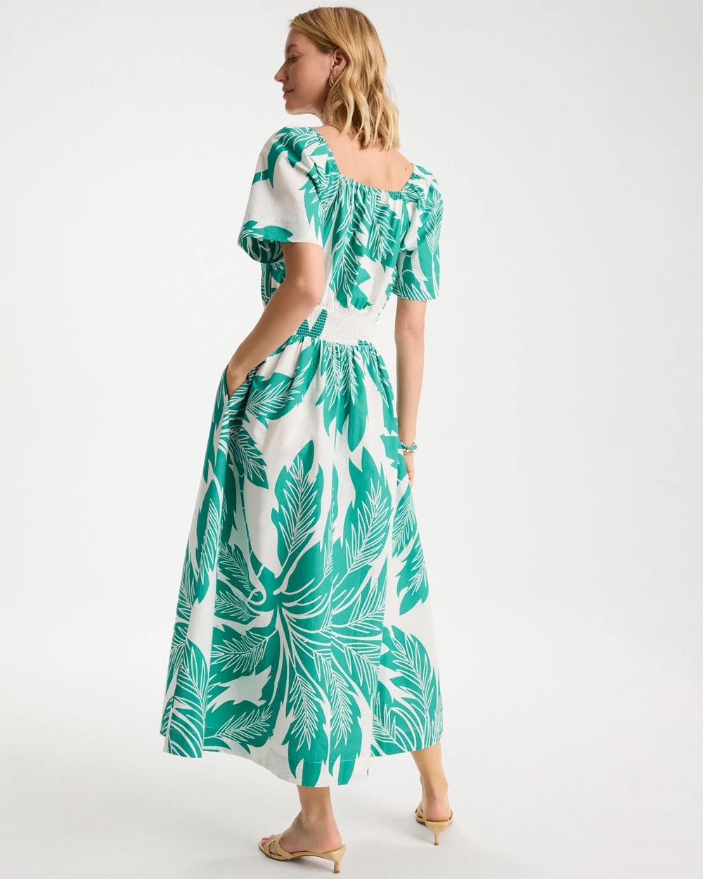 Poplin Cotton Off-Shoulder Printed Dress Topanga Green - Chico's