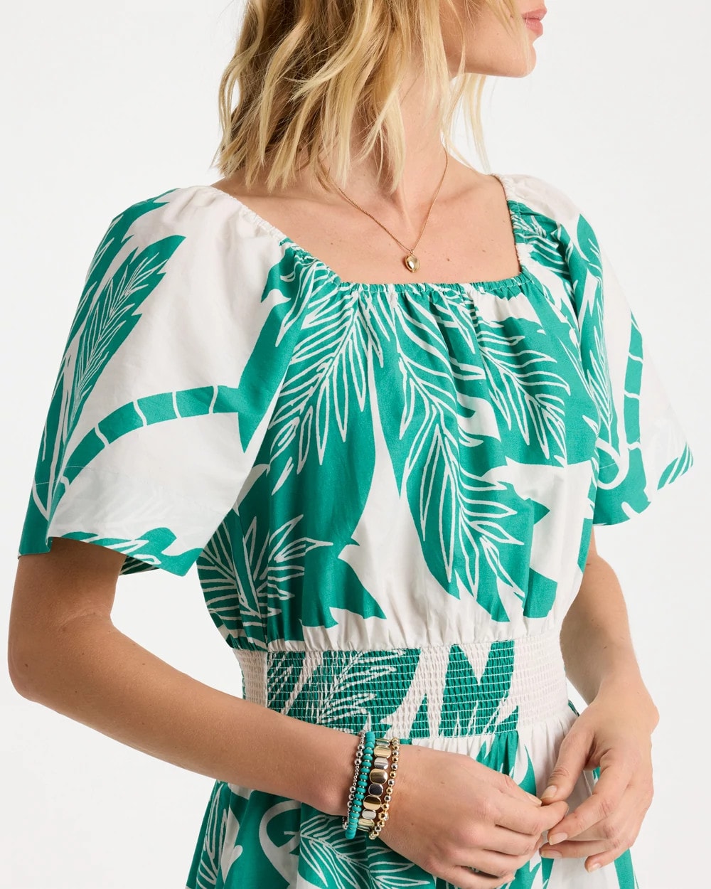 Poplin Cotton Off-Shoulder Printed Dress Topanga Green - Chico's