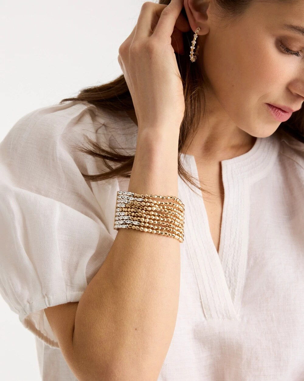 Multi-Strand Beaded Stretch Bracelet Mixed Metals - Chico's