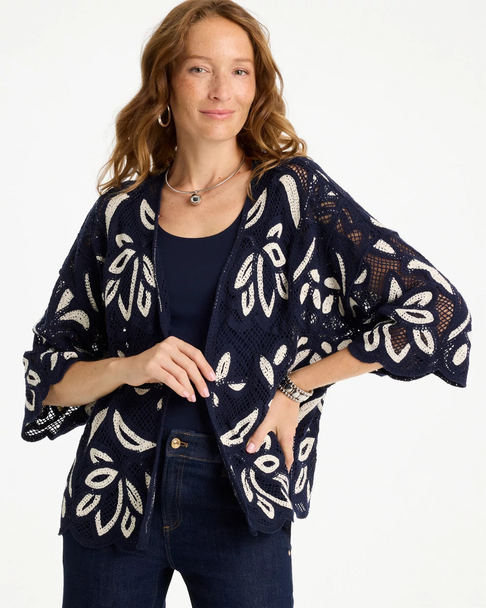 Woven Crochet Lace Contrast Kimono Passport Blue - Chico's