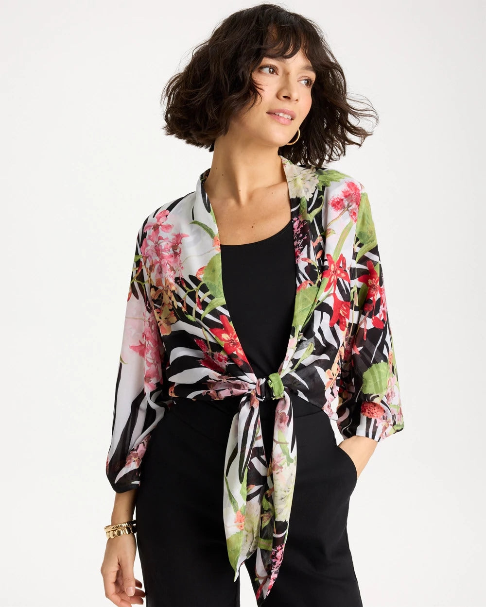 Georgette Tie-Front Kimono Black - Chico's