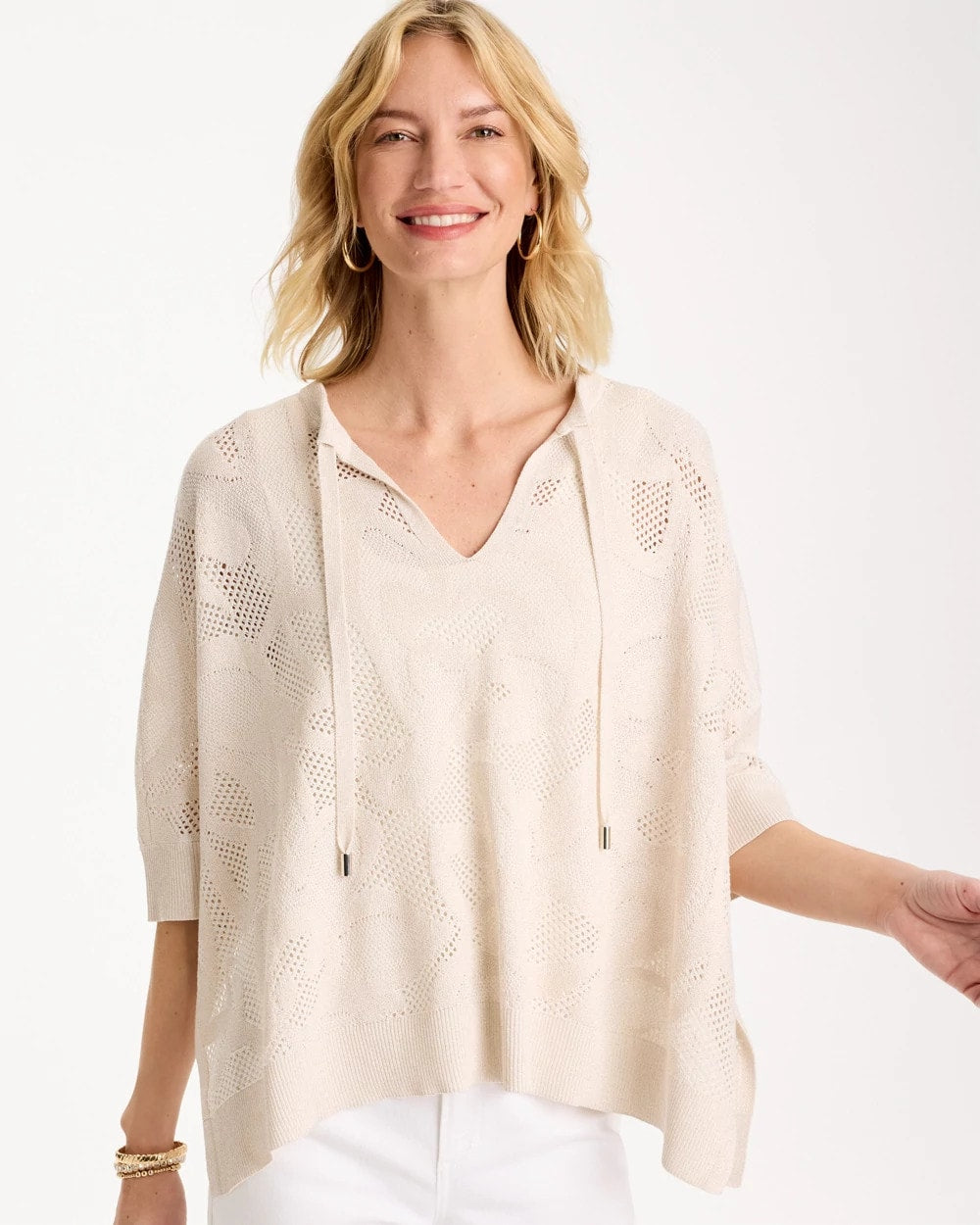 Crochet Lace Notch Neck Poncho Ecru - Chico's