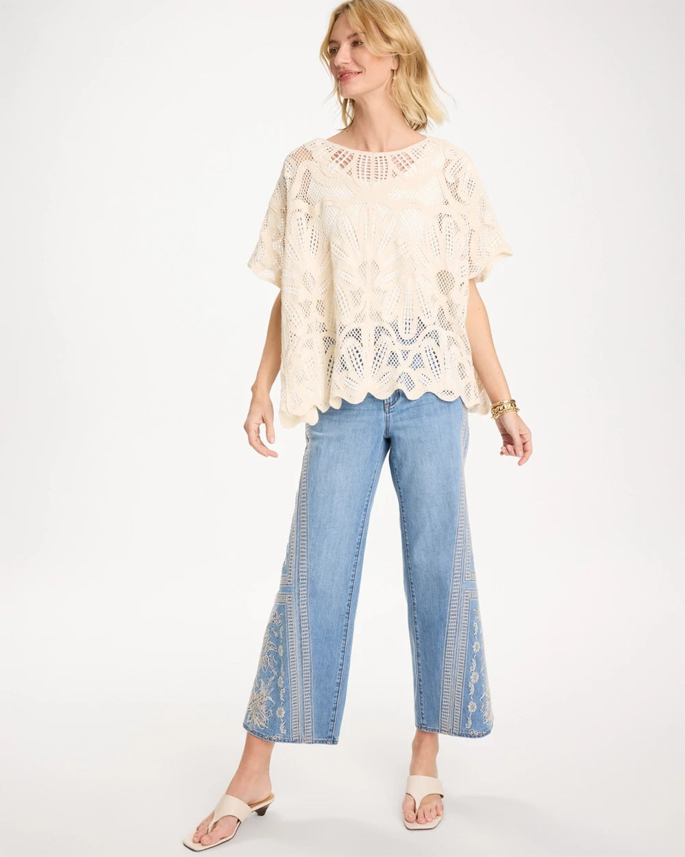 Woven Cotton-Blend Crochet Lace Poncho Ecru - Chico's