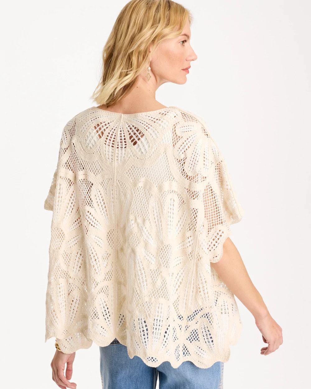 Woven Cotton-Blend Crochet Lace Poncho Ecru - Chico's