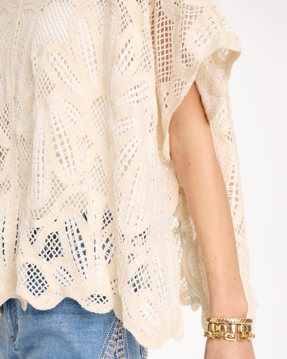 Woven Cotton-Blend Crochet Lace Poncho Ecru - Chico's