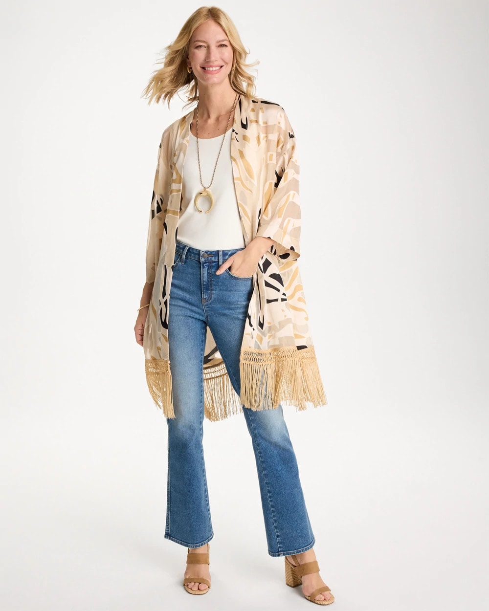 Woven Long Fringed Kimono Neutral - Chico's
