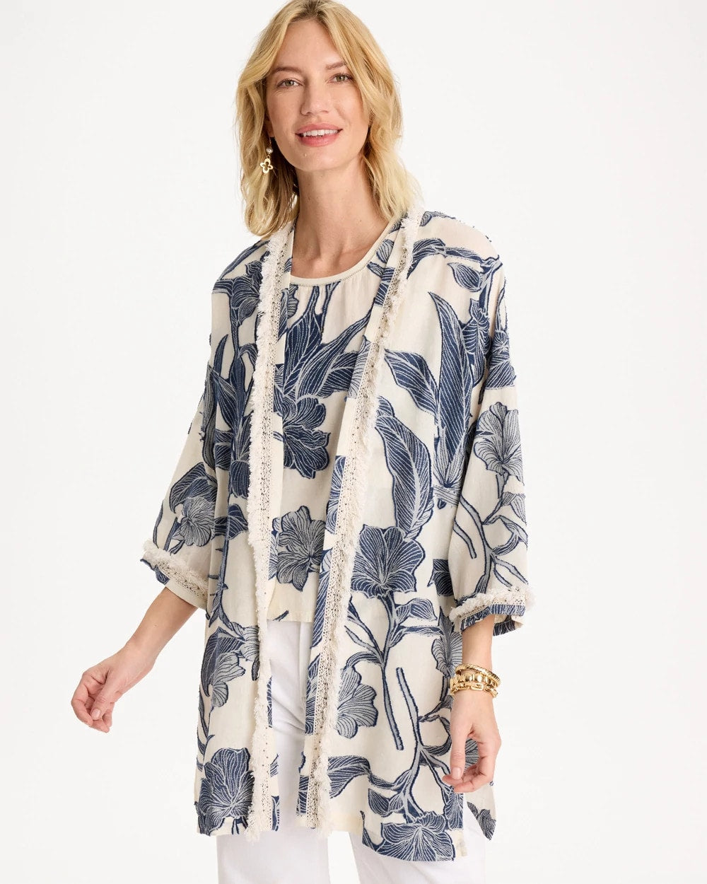 Cotton Jacquard Fringed Kimono Blue - Chico's