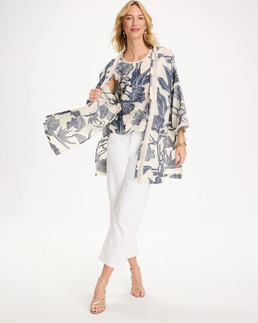 Cotton Jacquard Fringed Kimono Blue - Chico's
