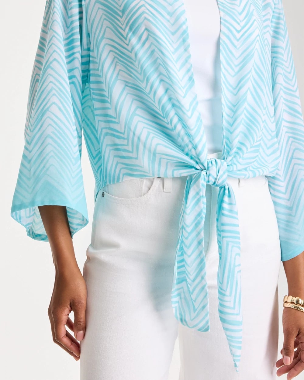 Georgette Tie-Front Chevron Kimono Bondi Blue - Chico's