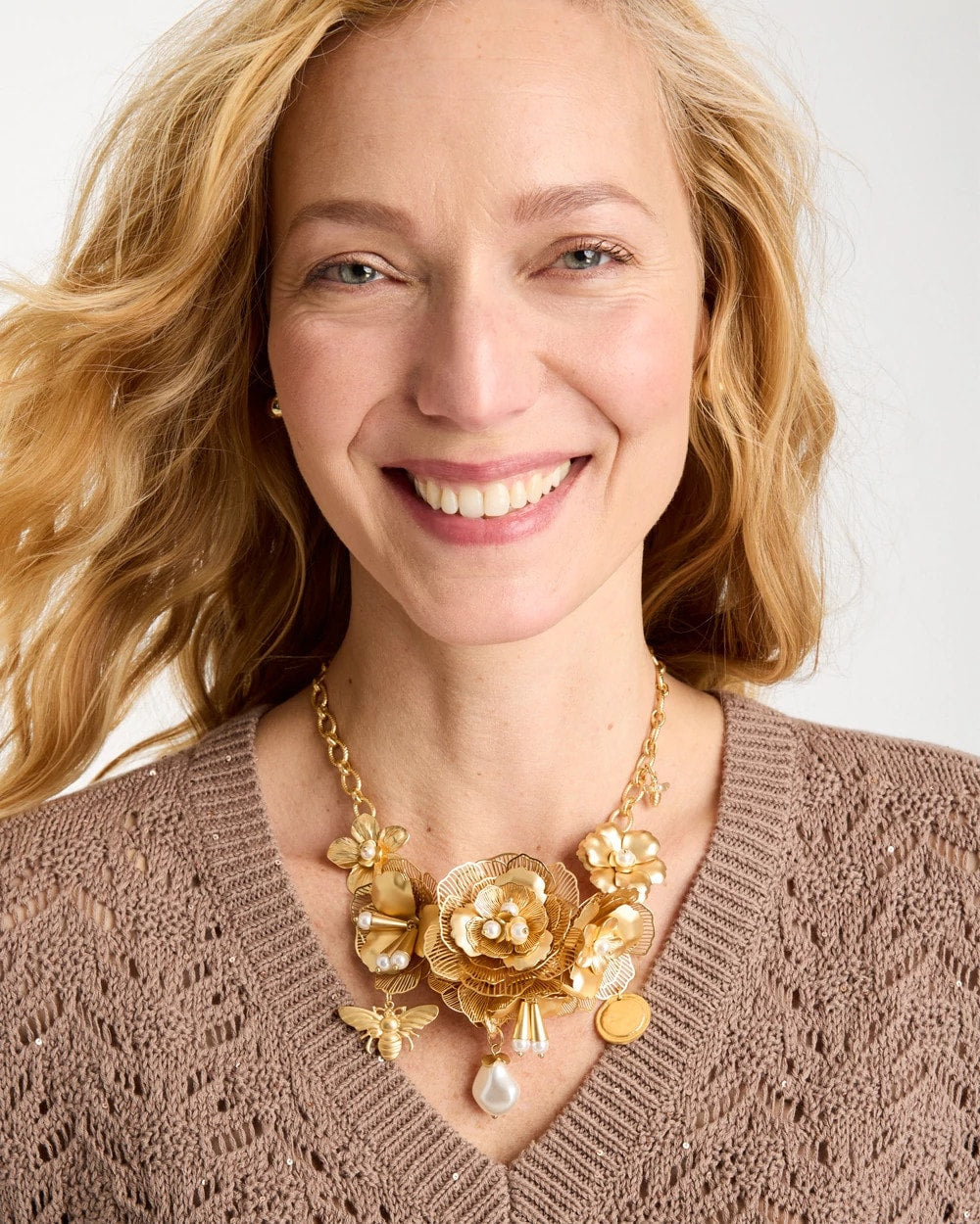 Chico’s Originals Filigree Flower Bib Necklace Gold - Chico's