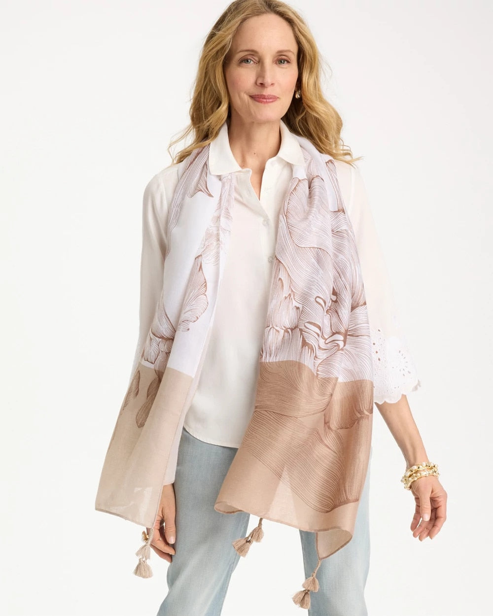 Neutral Floral Tassel Oblong Scarf Neutral - Chico's