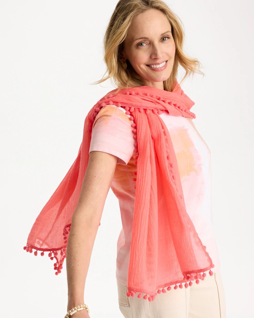 Pom Pom Oblong Scarf Calypso Coral - Chico's