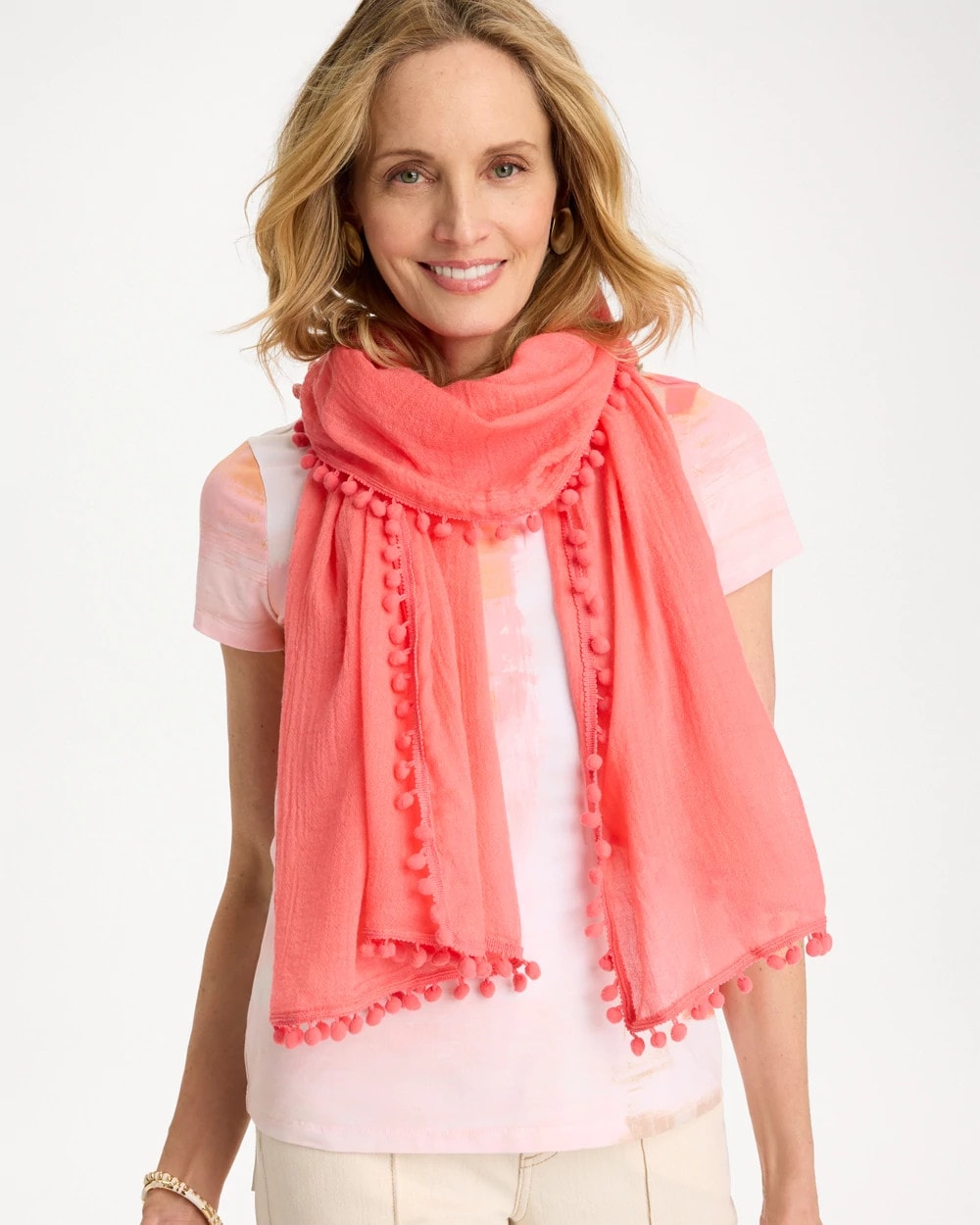 Pom Pom Oblong Scarf Calypso Coral - Chico's
