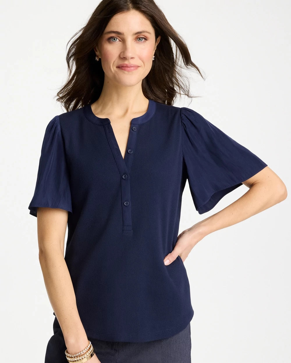 Rib Knit Woven Flutter Sleeve Tee Passport Blue - Chico's