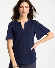 Rib Knit Woven Flutter Sleeve Tee Passport Blue - Chico's