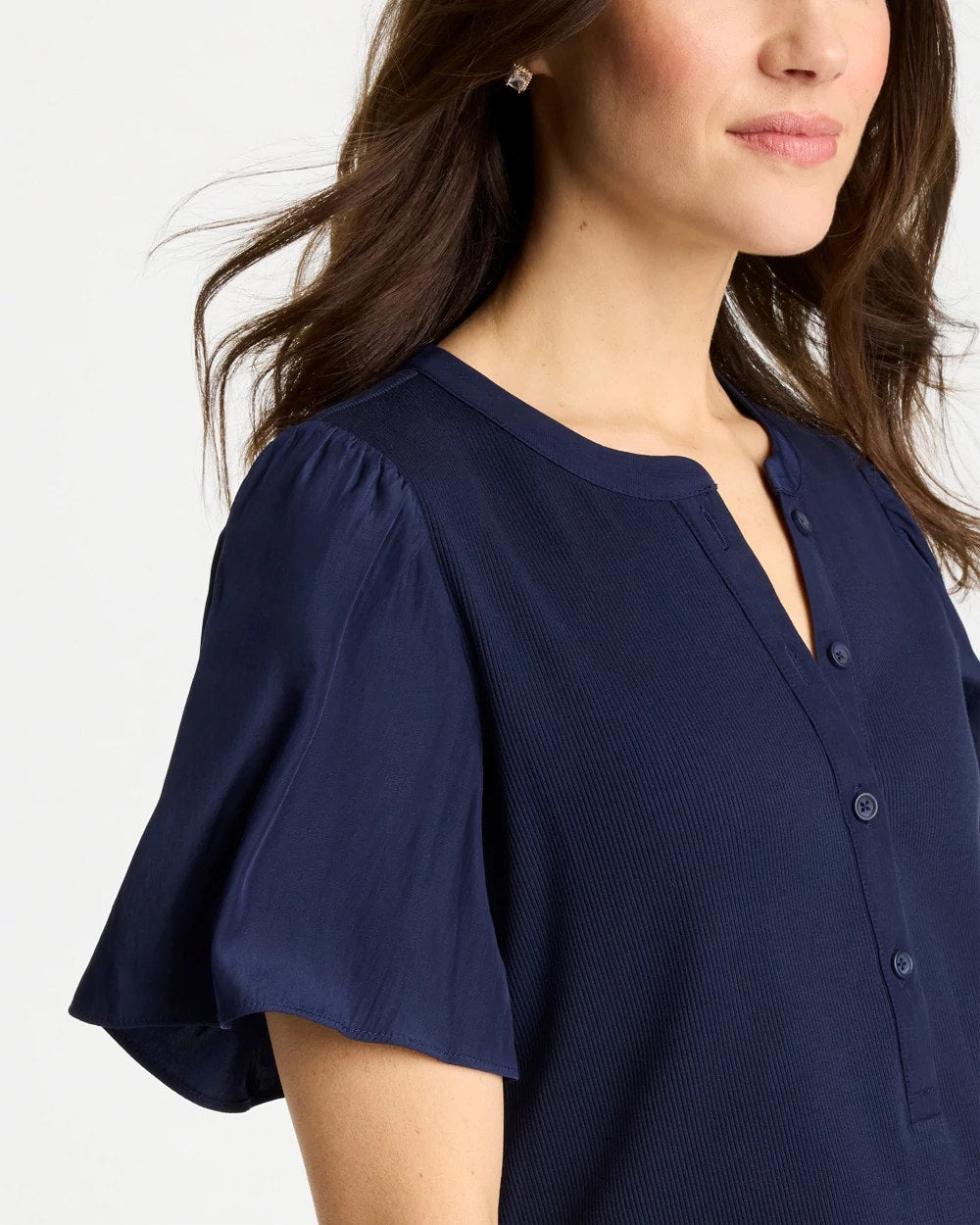 Rib Knit Woven Flutter Sleeve Tee Passport Blue - Chico's