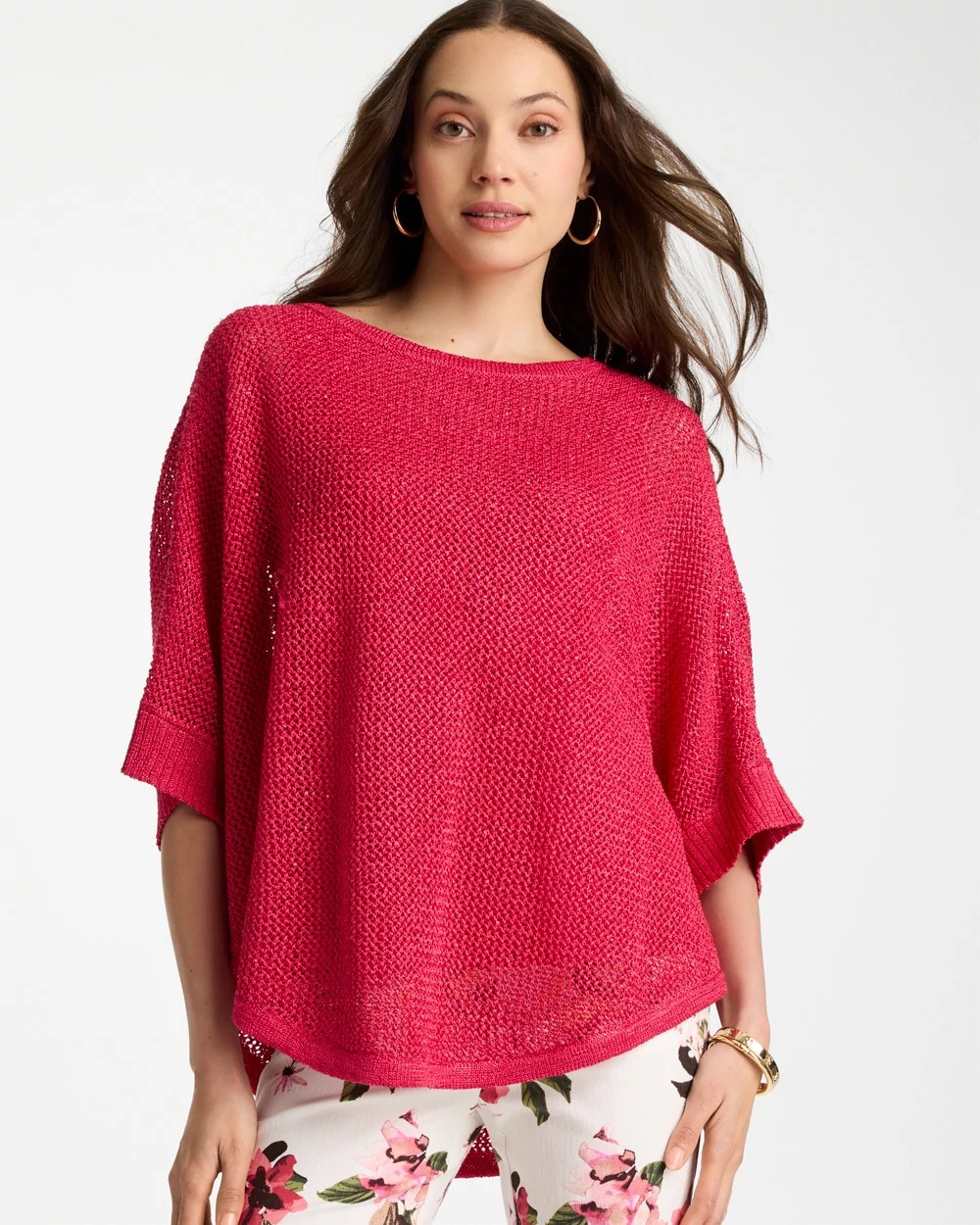 Sequin Boatneck Rounded Hem Poncho Hot Honeysuckle - Chico's