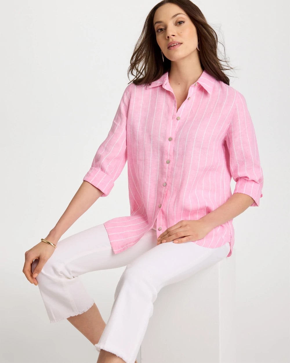 No Iron™ Linen Striped Shirt Pink Pansy - Chico's
