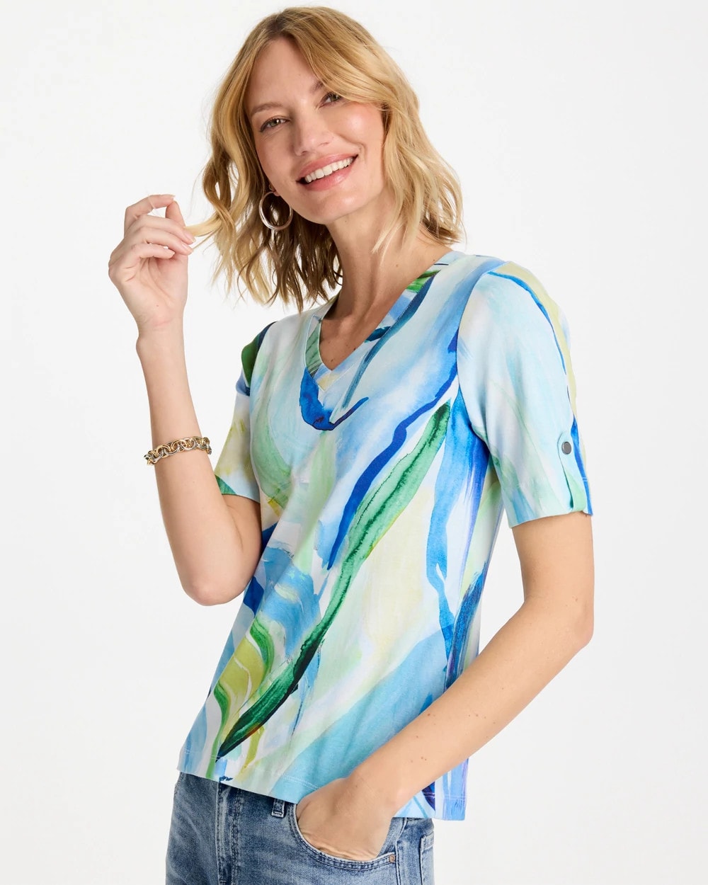 Printed Pima V-Neck Tee Amparo Blue - Chico's