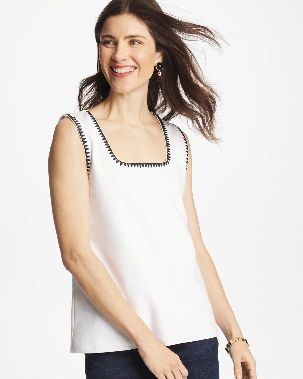 Blanket Stitch Contour Cotton™ Square Neck Tank Alabaster - Chico's