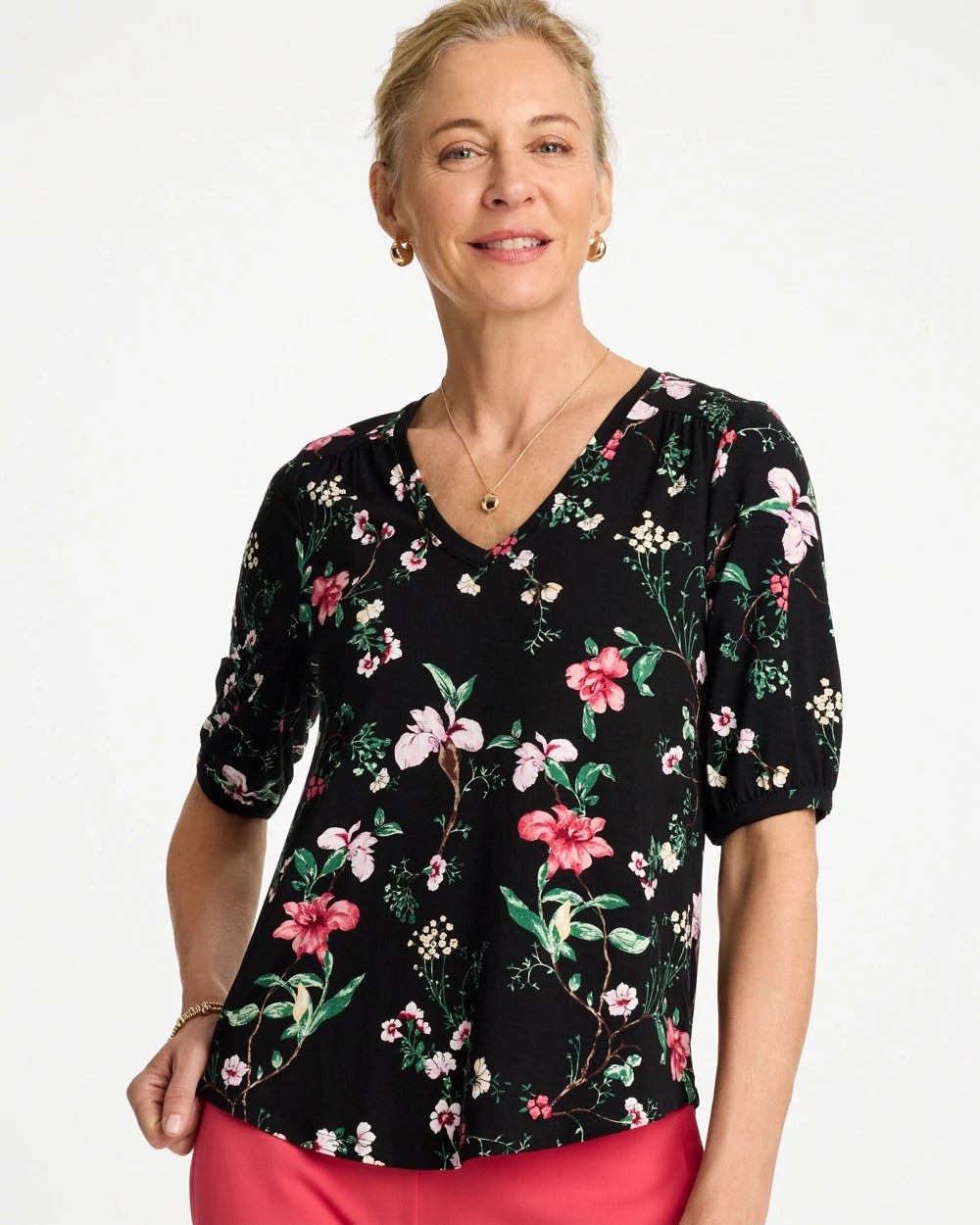 Kyoto Shirred Elbow Sleeve Tee Black - Chico's