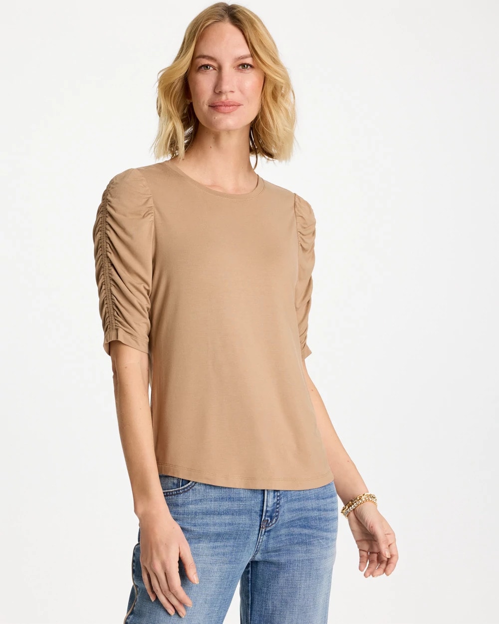 Touch of Cool™ Ruched Sleeve Knit Tee Cattail Brown - Chico's