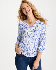 Printed Puff Sleeve Slub Henley Amparo Blue - Chico's