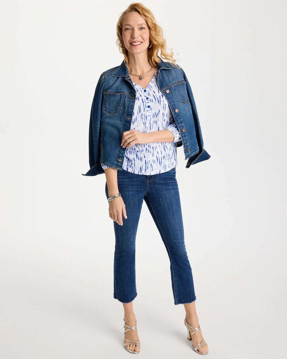 Printed Puff Sleeve Slub Henley Amparo Blue - Chico's