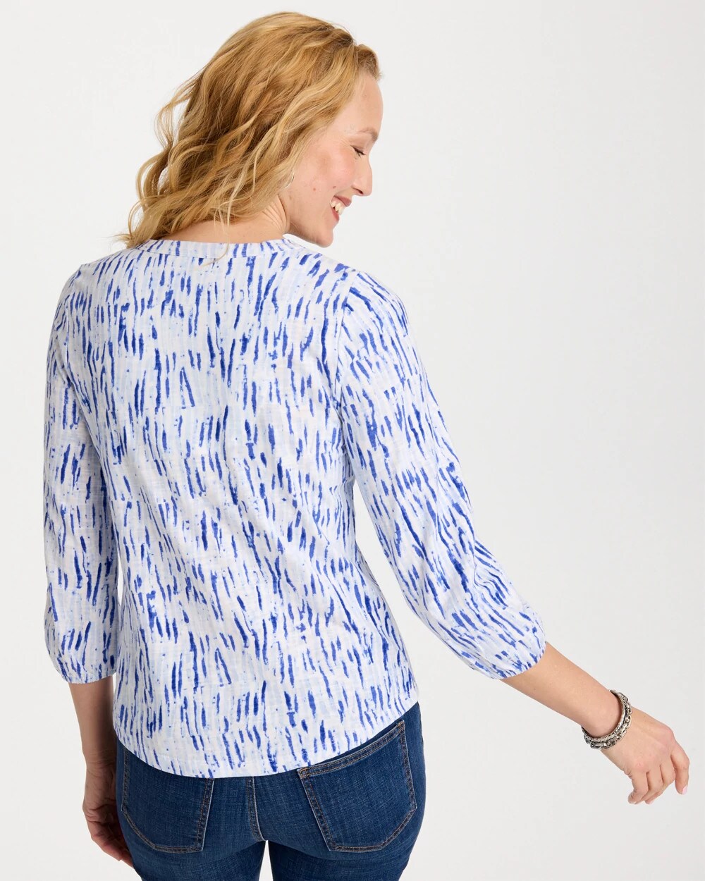 Printed Puff Sleeve Slub Henley Amparo Blue - Chico's