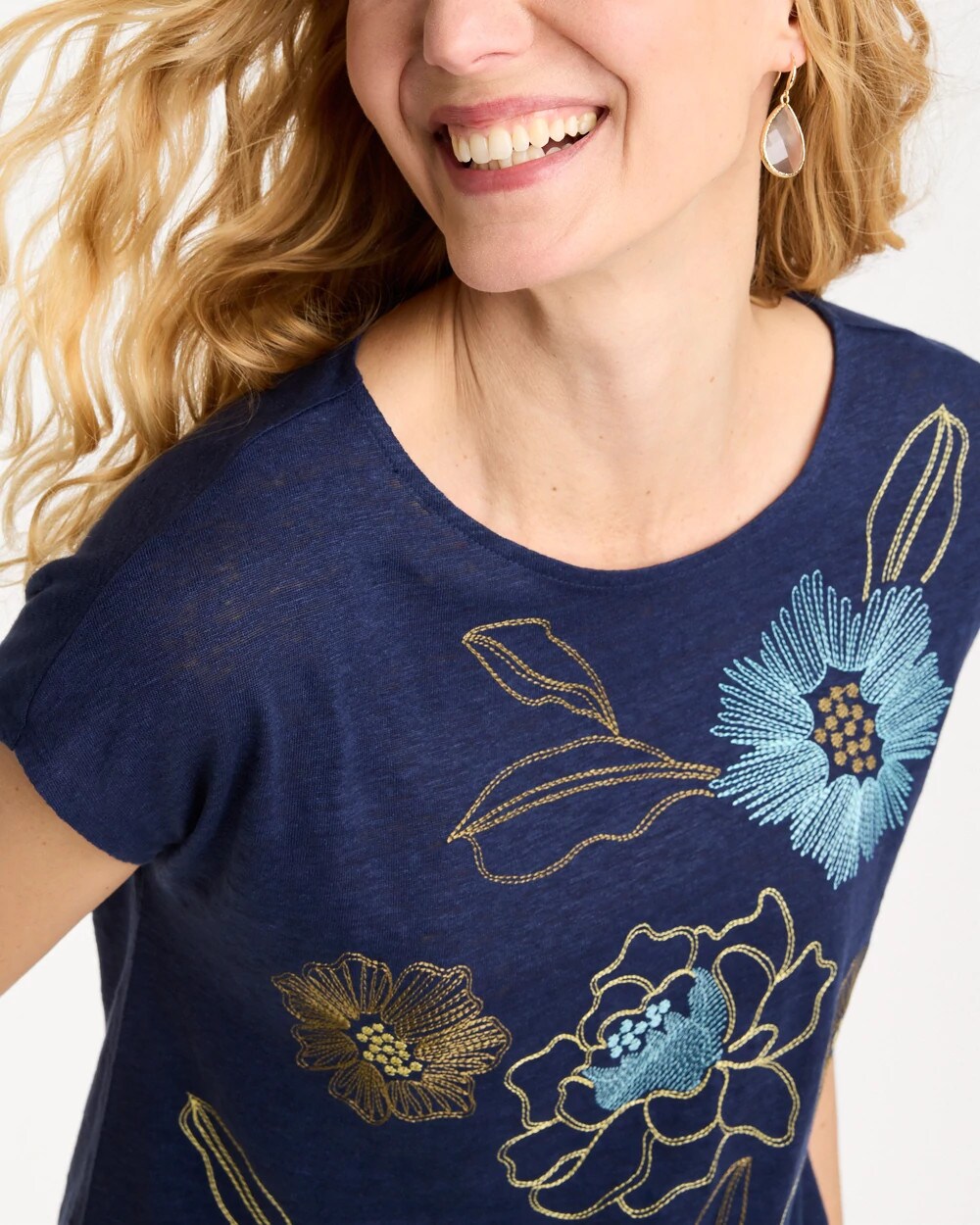 Embroidered Linen Dolman Tee Passport Blue - Chico's
